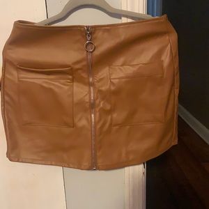 Caramel colored leather zip-up skort